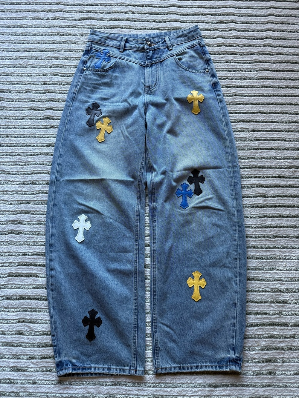 Chrome Hearts Blue Denim Jeans with Multicolor Cross Patches